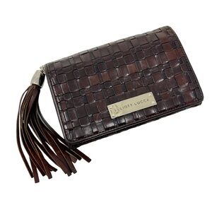 Elliott Lucca Woven Brown Leather Wallet Basket Weave Tassel